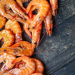 shrimp ready to eat boiled seafood Menu concept serving size. food background top view copy space for text keto or paleo pescatarian diet organic healthy eating