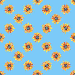 Watercolor seamless pattern with yellow sunflowers on blue background. Hand painted illustration.