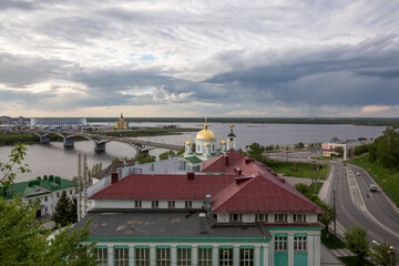 Nizhny Novgorod. Beautiful evening and sunset overlooking the Pohvaly descent and the Annunciation Monastery
