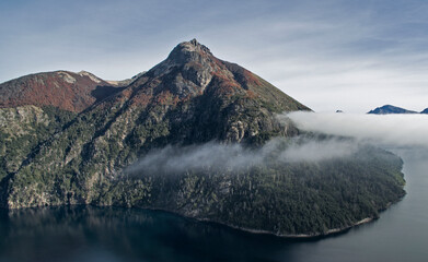 Aerial view of the mountains, forest and lake Nahuel Huapi in Bariloche, Patagonia Argentina.