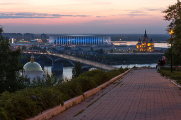 Nizhny Novgorod. Panoramic city view against the backdrop of a beautiful bright sunset