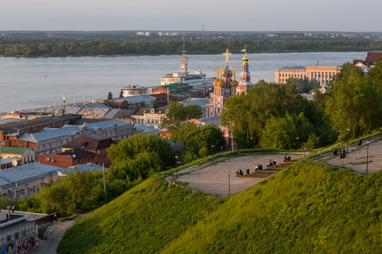 Nizhny Novgorod. Panoramic city view against the backdrop of a beautiful bright sunset