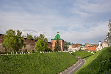 Nizhny Novgorod. Panoramic view of the Nizhny Novgorod Kremlin on a sunny day with beautiful sky