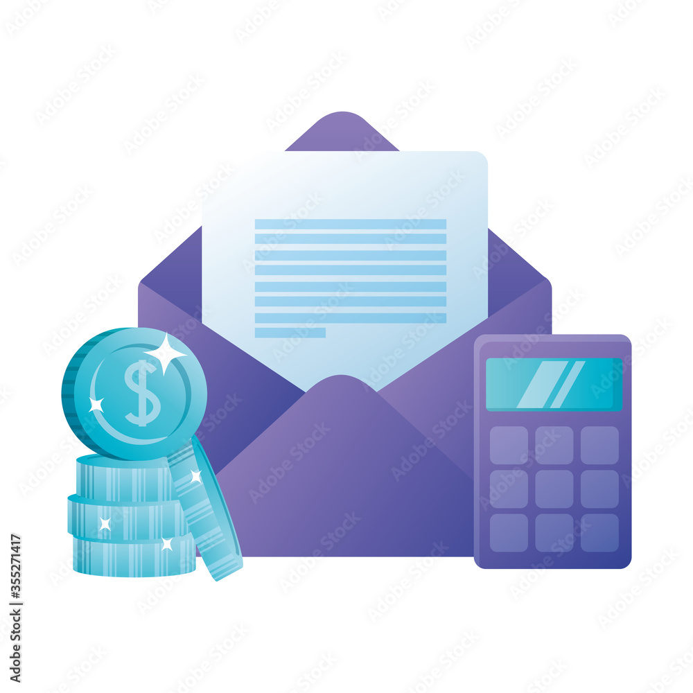 Poster isolated calculator envelope and coins vector design