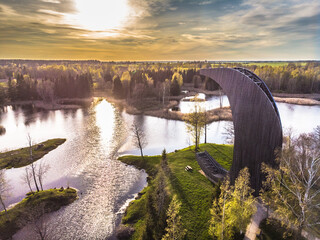 Moon shape observation tower among lakes of natural collapses in Kirkilai, Lithuania