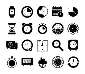 global sphere and clock time icon set, silhouette style