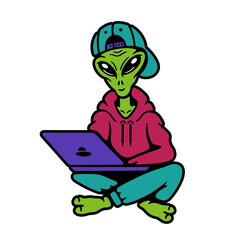 Color alien in cap on white background
