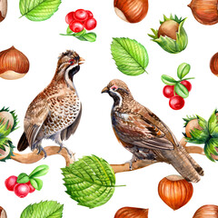 forest environment, a seamless pattern of cute birds, leaves, hazelnuts, lingonberries, watercolor drawing