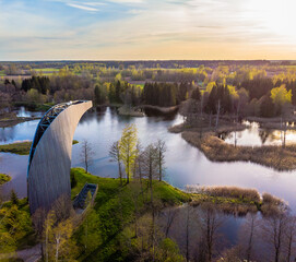 Moon shape observation tower among lakes of natural collapses in Kirkilai, Lithuania
