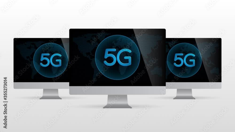 Poster digital world desktop device with 5g network. realistic computer monitor with 5g symbol in screen an