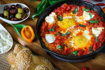 Shakshuka. Fried eggs in tomato sauce, with tomatoes and hot peppers, in a cast-iron frying pan.
