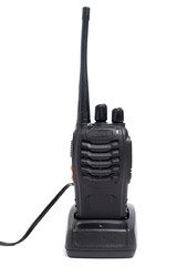 black portable radio transceiver isolated on white background, radio communication, walkie-talkie
