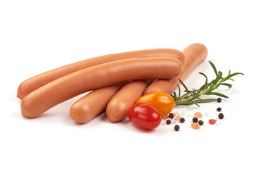 Boiled sausages with basil, isolated on white background