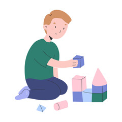 Little boy playing with cubes, toddler boys building a tower with wooden bricks, kindergarten activities, cute modern cartoon chracters, vector illustration