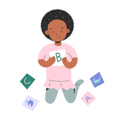 Little girl palying with alphabet flash cards, toddler child with abc cardboard with letters learning alphabet, indoors activities for babies, vector flat character, vector illustration