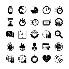 magnifying glass and time icon set, silhouette style