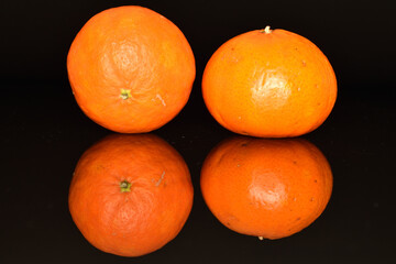 Bright yellow juicy, fresh, organic tangerines, close-up, on a black background.