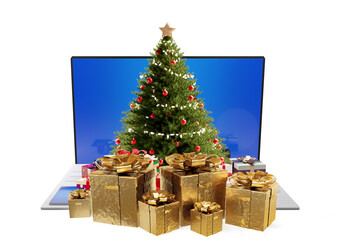 computer and christmas tree with presents. golden christmas gifts 3d illustration