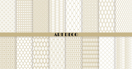 Vector Art Deco seamless patterns collection. Set of 16 geometric ornamental patterns in gold on white background. Cute trendy textures. Modern design for Wallpaper, Fabric, Website Background - 355274273