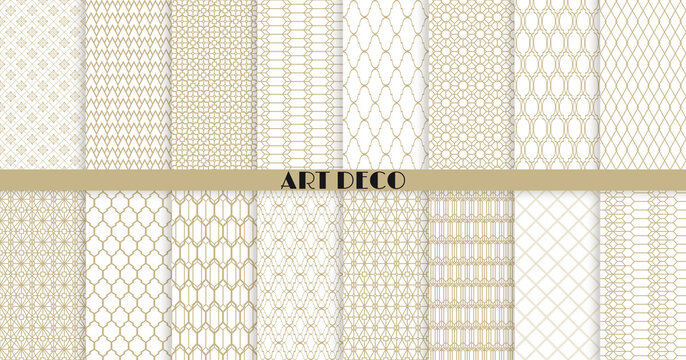 Vector Art Deco seamless patterns collection. Set of 16 geometric ornamental patterns in gold on white background. Cute trendy textures. Modern design for Wallpaper, Fabric, Website Background