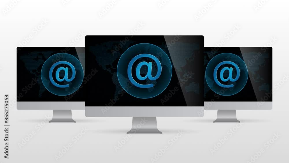 Poster digital world desktop device with at sign internet icon. realistic computer monitor with at-sign sym