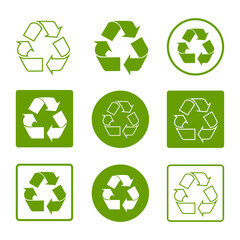 Obraz premium Recycle symbols green simple flat set icons isolated on white background. Can be used for package design and labeling. Vector illustration