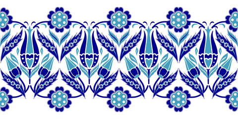 Vector seamless border in Eastern style. Ornament for wedding invitations, birthday and greeting cards. Floral turkish colorful pattern can be used for ceramic tile, wallpaper, web page background