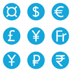 World Currency symbols flat solid icons isolated on white background. Dollar, Euro, Pound Sterling, Yen, Yuan, Swiss frank, Ruble, Rupee, Generic currency symbol, Money.