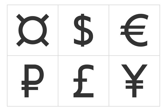 Currency flat symbols icons isolated on white background. Dollar, Euro, Pound Sterling, Yen, Ruble, Generic currency symbol, Money.