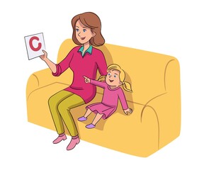 Babysitter teaching child letter isolated on white