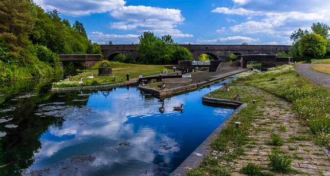 A panorama view across the lock gates in front of the Park Head Viaduct at Dudley, UK in summertime