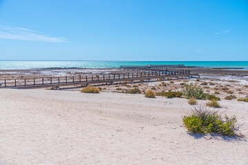 Wooden boardwalk at Hamelin pool used for view at stromatolites, Australia