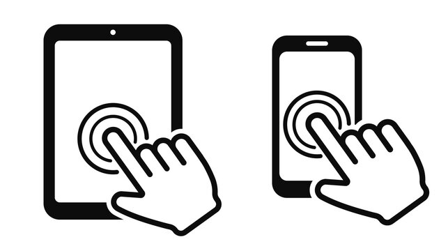 Hand touch phone and tablet. Click on tablet, smartphone screen. Vector