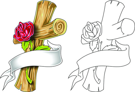 Wooden cross with a rose and ribbon for design. Vector image
