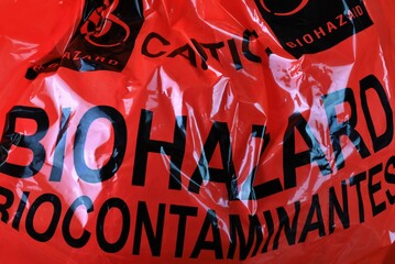 Close-up of a biohazard medical waste bag