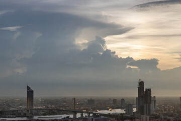 Naklejka premium Sky view of Bangkok with skyscrapers in the business district in Bangkok in the evening beautiful twilight give the city a modern style. Selective focus.