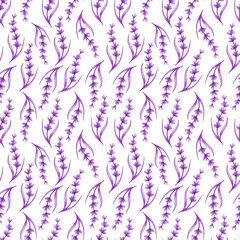 Watercolor seamless pattern of branches of lavender on a white background.