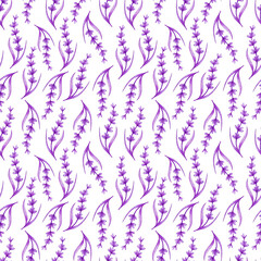 Watercolor seamless pattern of branches of lavender on a white background.