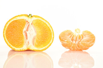 Bright yellow juicy, fresh, organic tangerines, close-up, on a white background.
