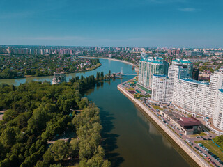 Fototapeta premium Russioa, Krasnodar cityscape and Kuban river from aerial view. Krasnodar region, Russia