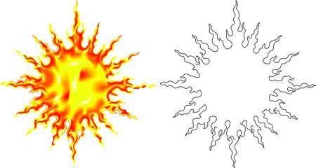 Bright sun with fiery rays. Vector image