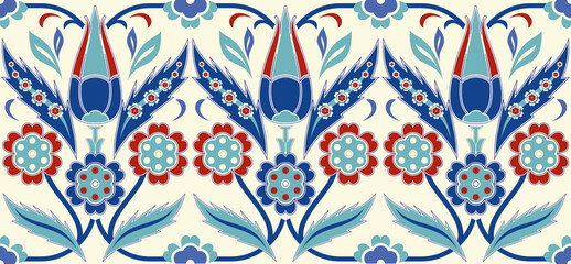 Vector seamless border in Eastern style. Ornament for wedding invitations, birthday and greeting cards. Floral turkish colorful pattern can be used for ceramic tile, wallpaper, web page background