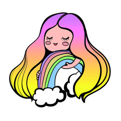 Hand drawn girl hugs a rainbow
