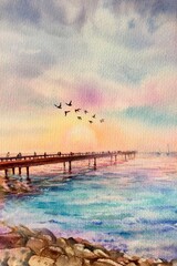 Fototapeta na wymiar Watercolor beautiful sunset, sunrise on the sea, birds, bridge. Beautiful summer background concept. Verticalal view, copy-space. Template for designs , card, wallpaper, posters.