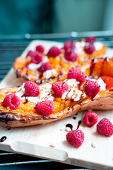 Roasted Pumpkin with Cream Cheese, Raspberries, Pine Nuts and Balsamic Sauce, Healthy Salad