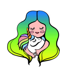 Hand drawn rainbow unicorn hugs a girl