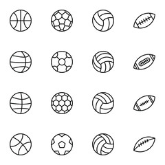 Balls solid icon set. Simple basketball, football, volleyball, soccer ball outline icons sign, vector illustration.