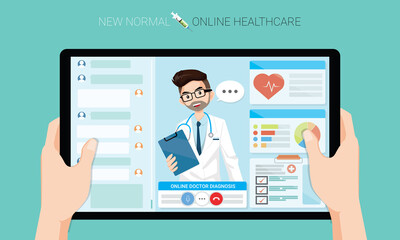 New normal concept and physical distancing, Hands holding tablet to use online healthcare and medical consultation. Doctor video conference with stethoscope. New behavior after Covid-19 pandemic
