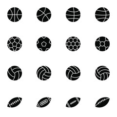 Balls solid icon set. Simple basketball, football, volleyball, soccer ball solid icons sign, vector illustration.