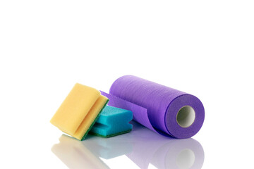 Dish sponge. Yellow foam sponge for kitchen isolated on white. Household clean equipment background. Supplies for cleaner service.